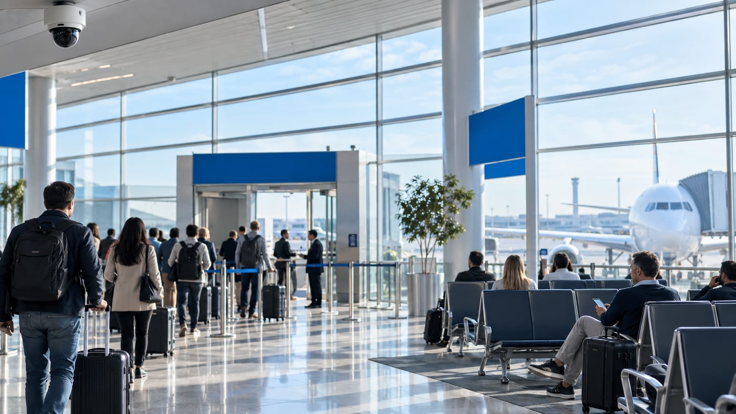Travellers moving and waiting inside a bright international airport terminal