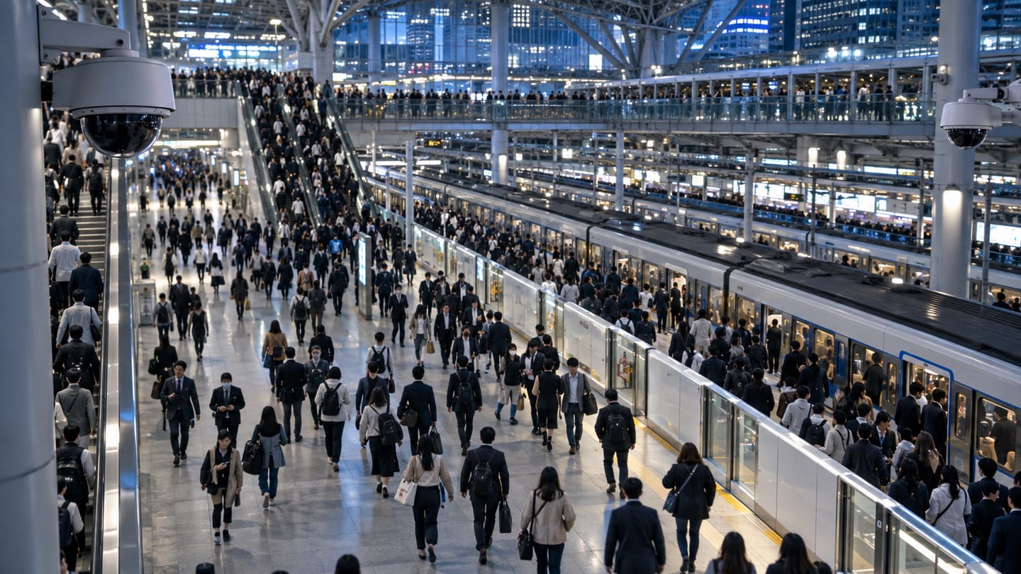 Busy metropolitan railway platform viewed by multiple security cameras