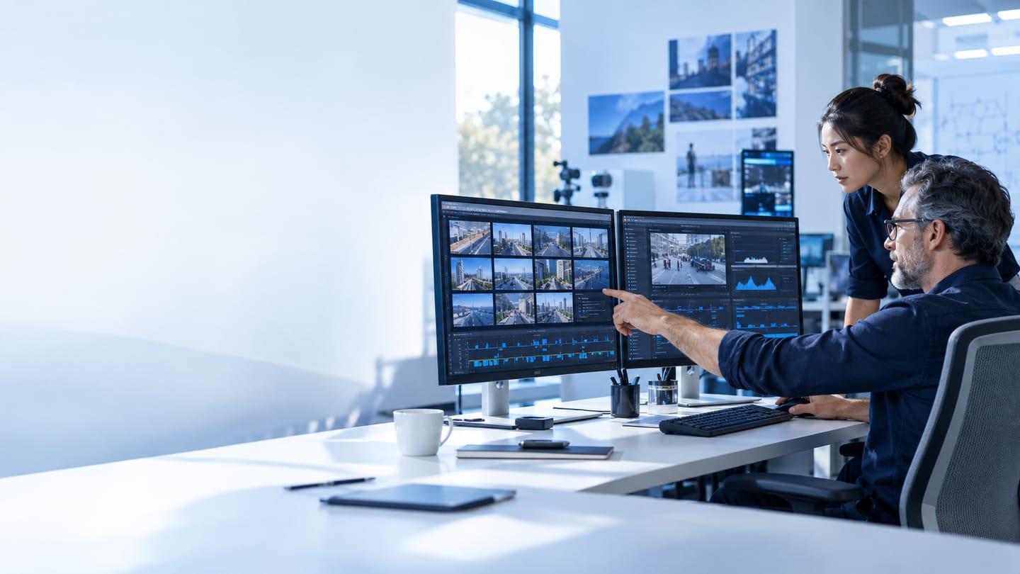 Computer vision engineers reviewing video streams and analytics timelines