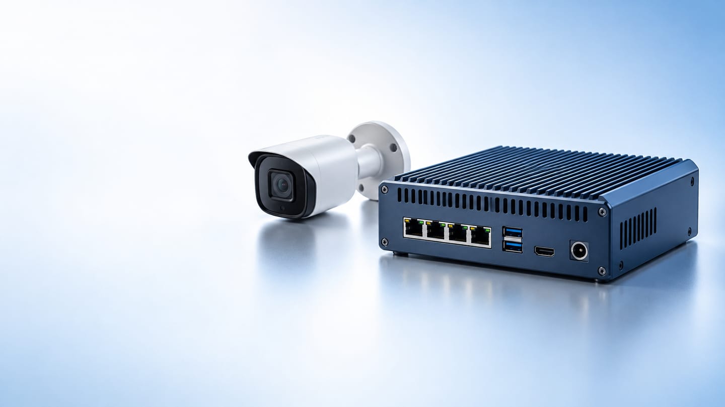 Conceptual compact edge AI appliance mounted beside a security camera