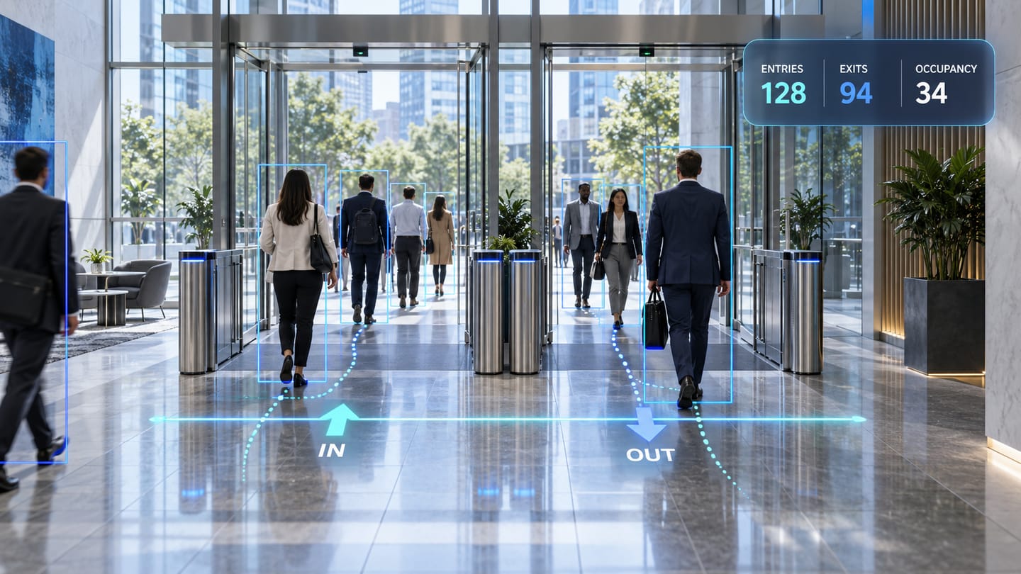 Office workers passing through corporate lobby speed gates, with entries, exits and occupancy counts overlaid on the entrance