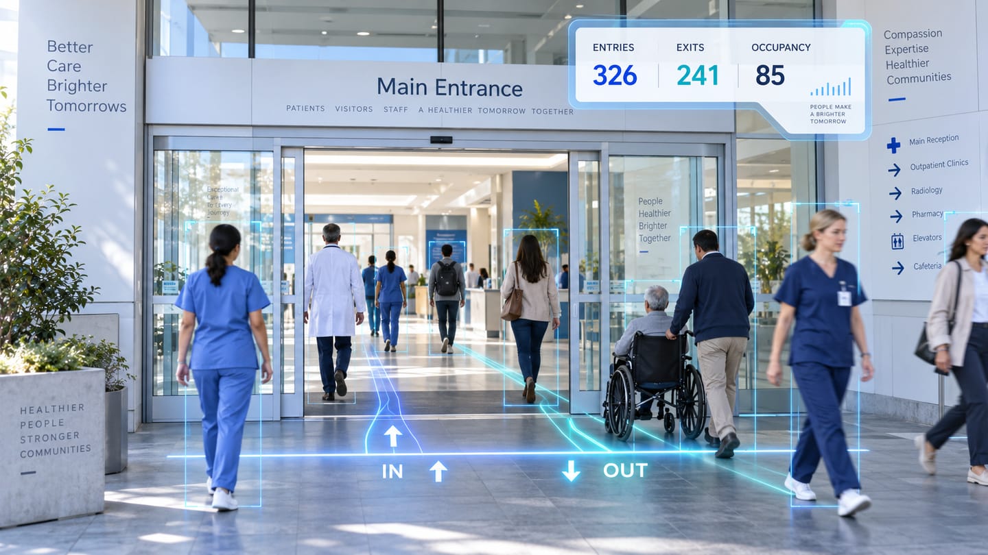 Staff, visitors and a patient in a wheelchair moving through a hospital main entrance, with entries, exits and occupancy counts overlaid on the doorway