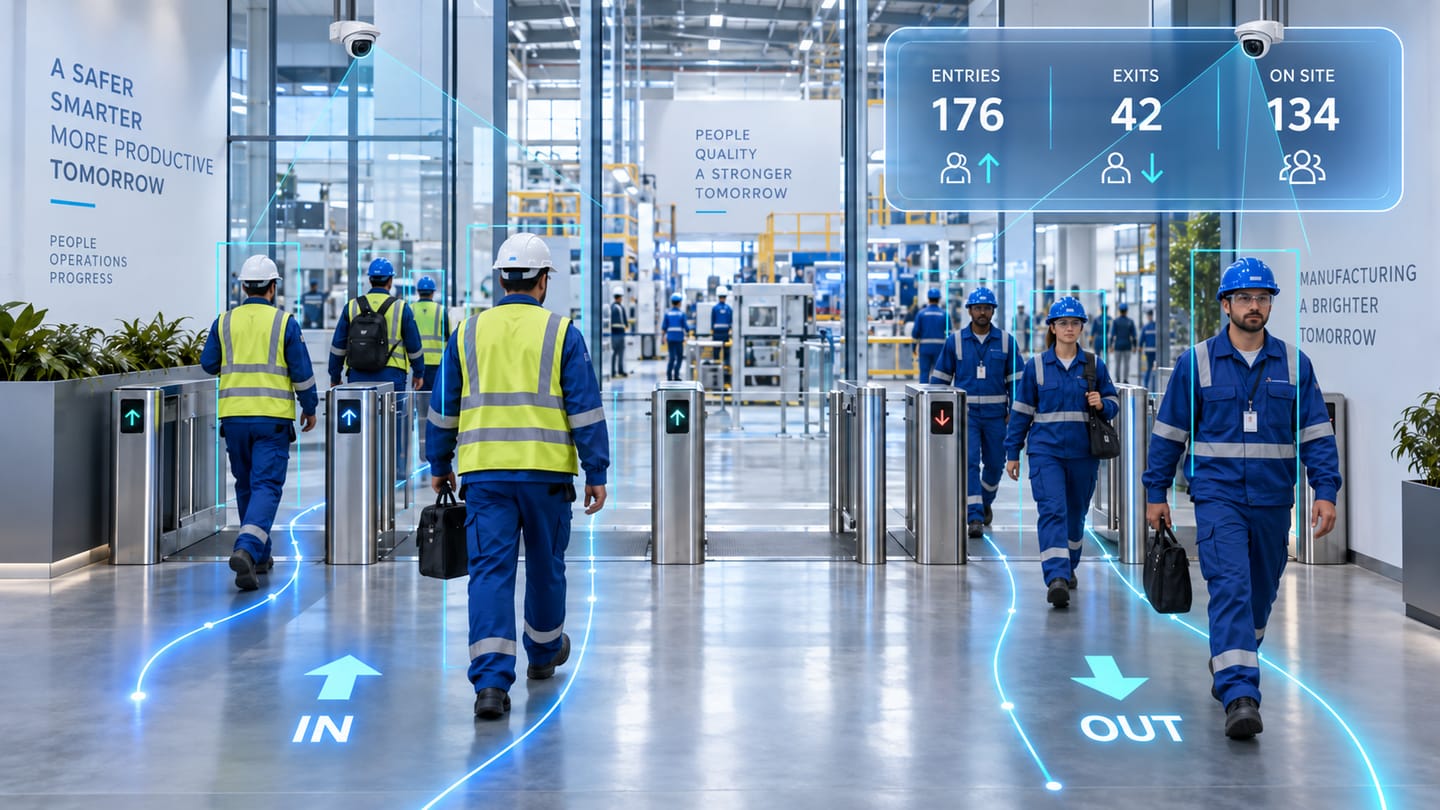 Workers in high-visibility vests passing through factory entrance turnstiles, with directional in and out counts and an on-site tally overlaid on the doorway