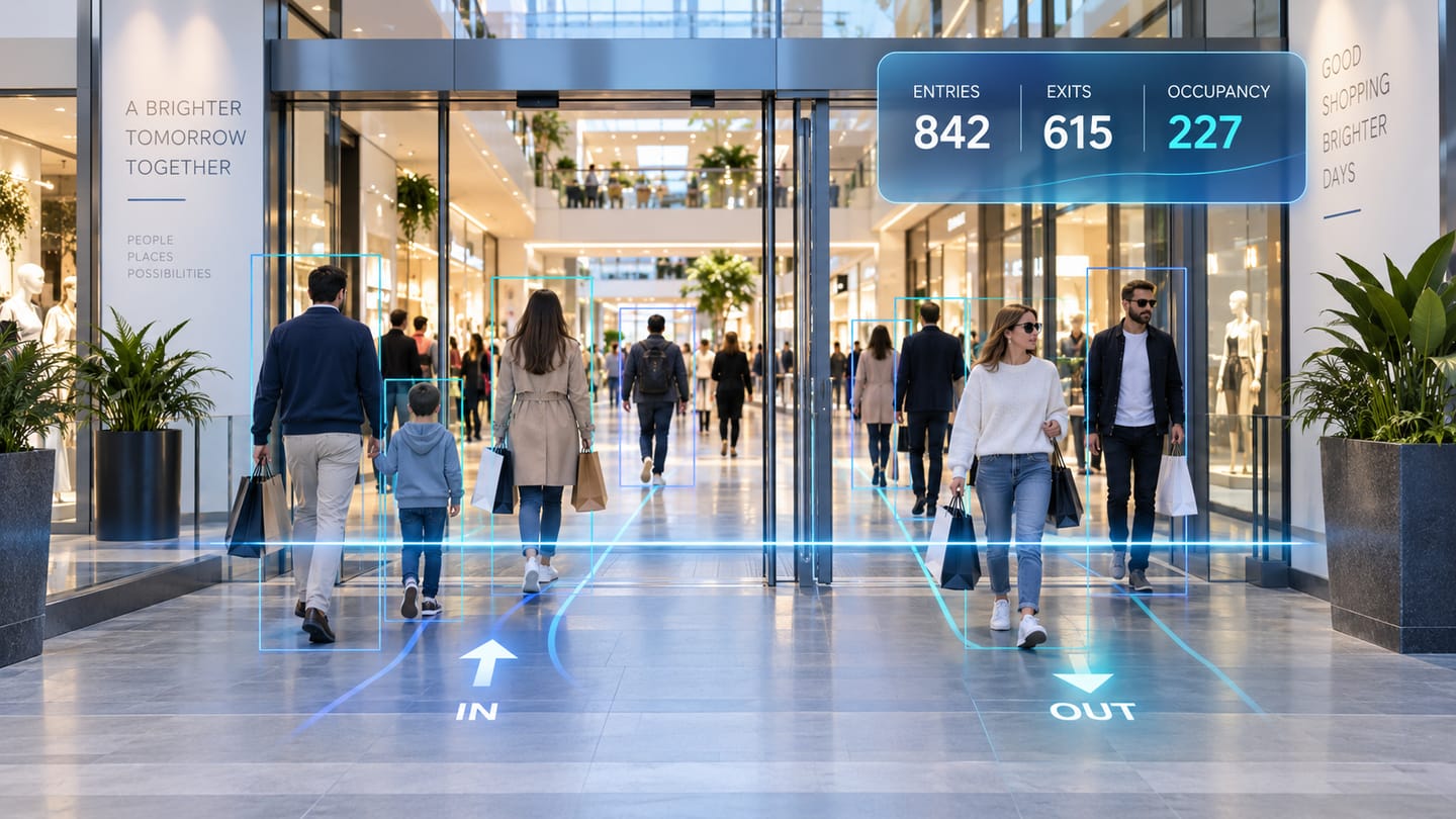 Shoppers carrying bags entering and leaving a shopping mall entrance, with directional counts and a live occupancy figure overlaid
