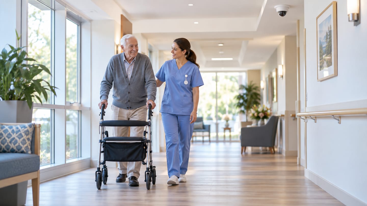 Older adult walking safely with a caregiver in a camera-monitored care corridor