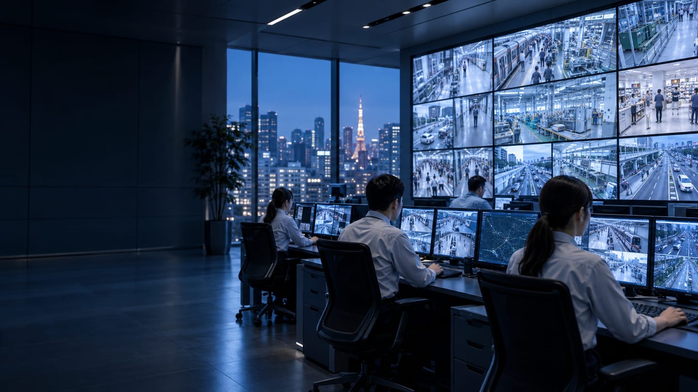 Security operations team monitoring a wall of video feeds from transport, factory, retail and traffic environments