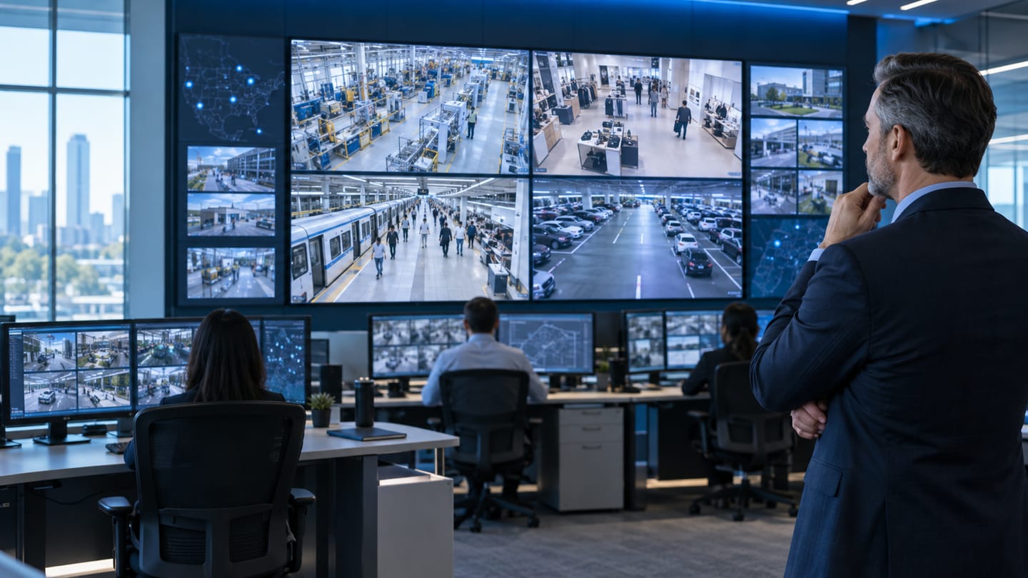 Manager reviewing factory, retail, transit and parking sites in an operations centre