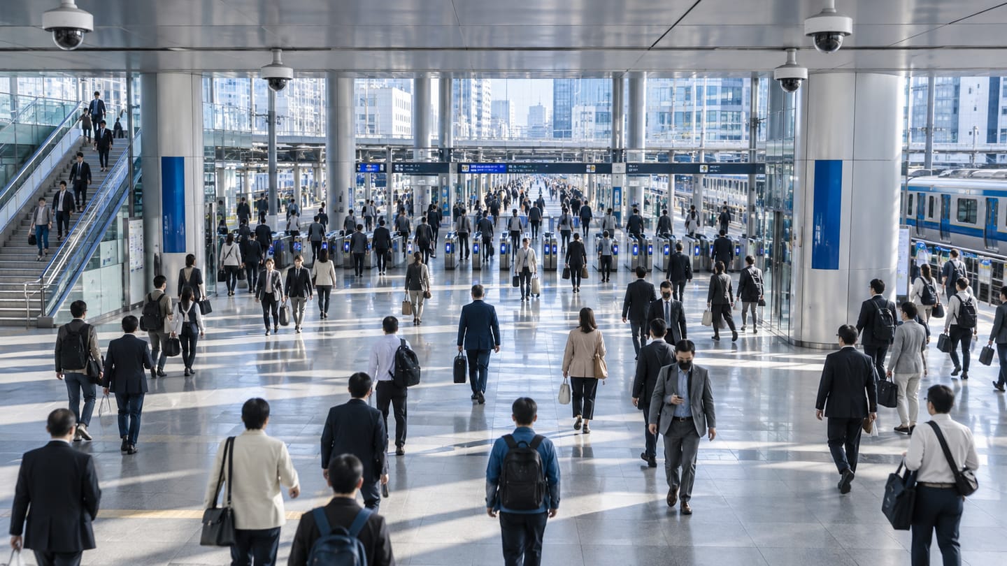 Commuters moving through a large camera-monitored railway concourse