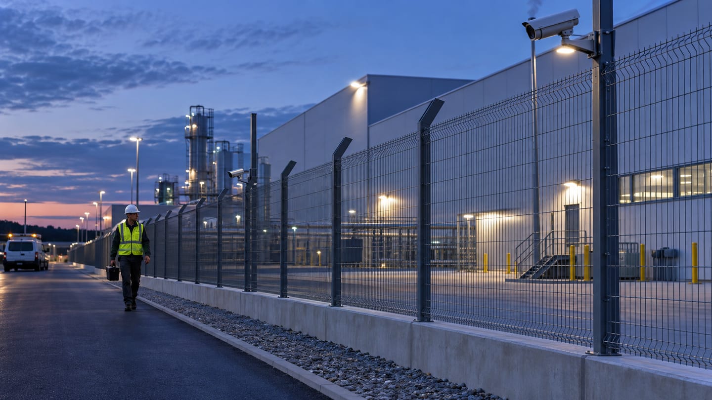 CCTV-protected perimeter fence line of a modern industrial facility at dusk