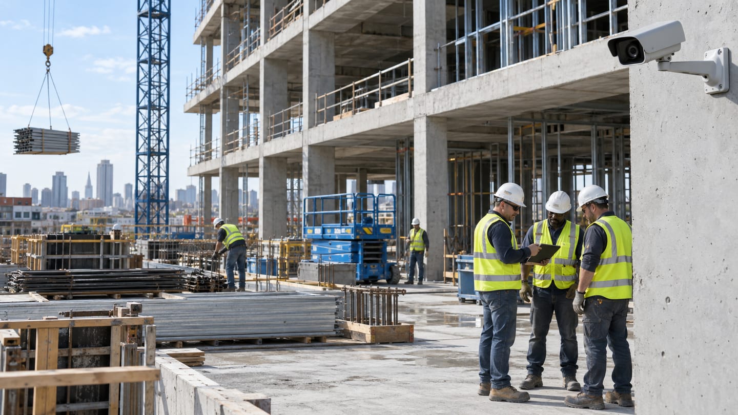 Properly equipped construction workers in a CCTV-monitored work area