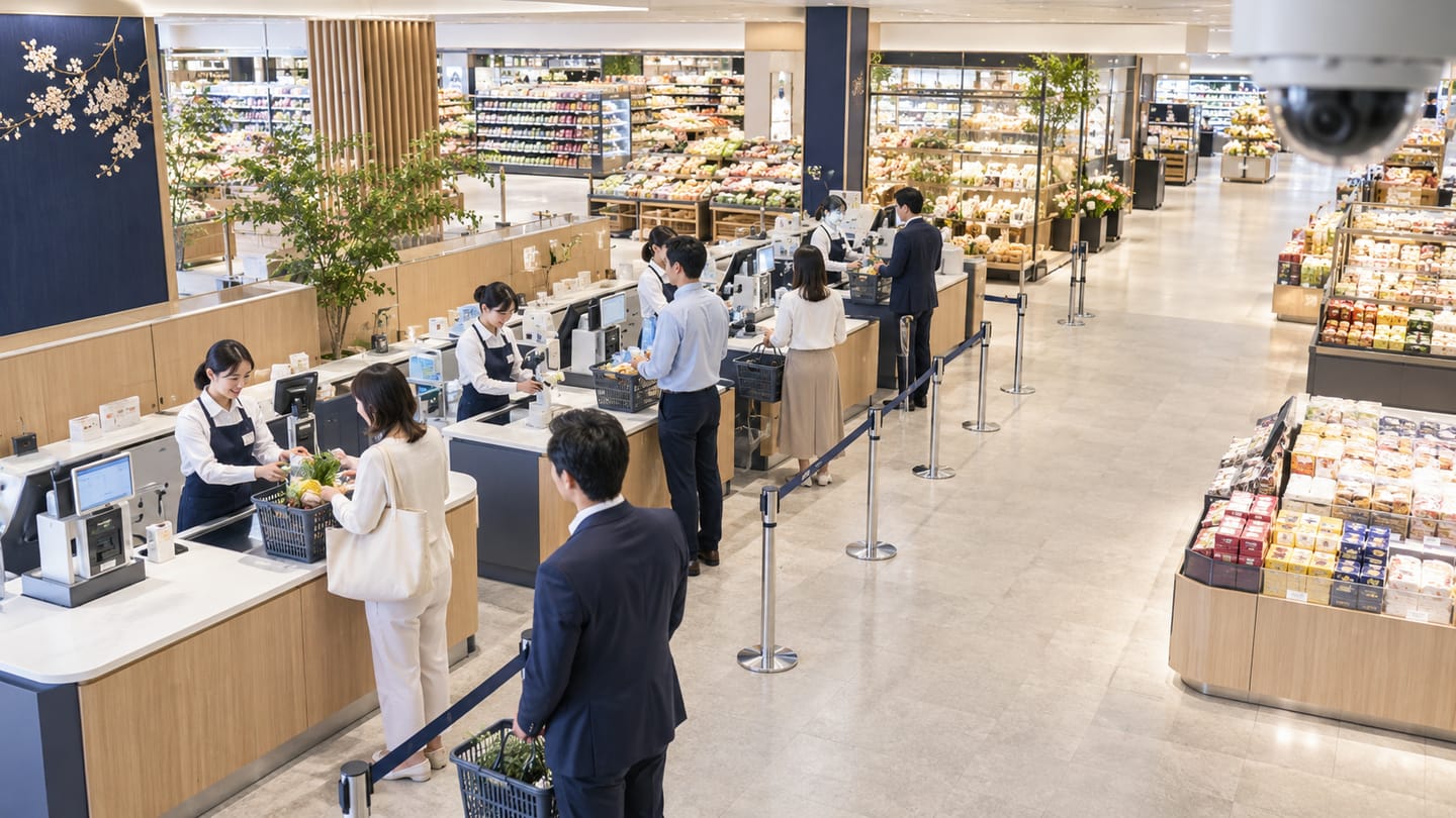 Customers waiting in organised checkout queues at a modern supermarket