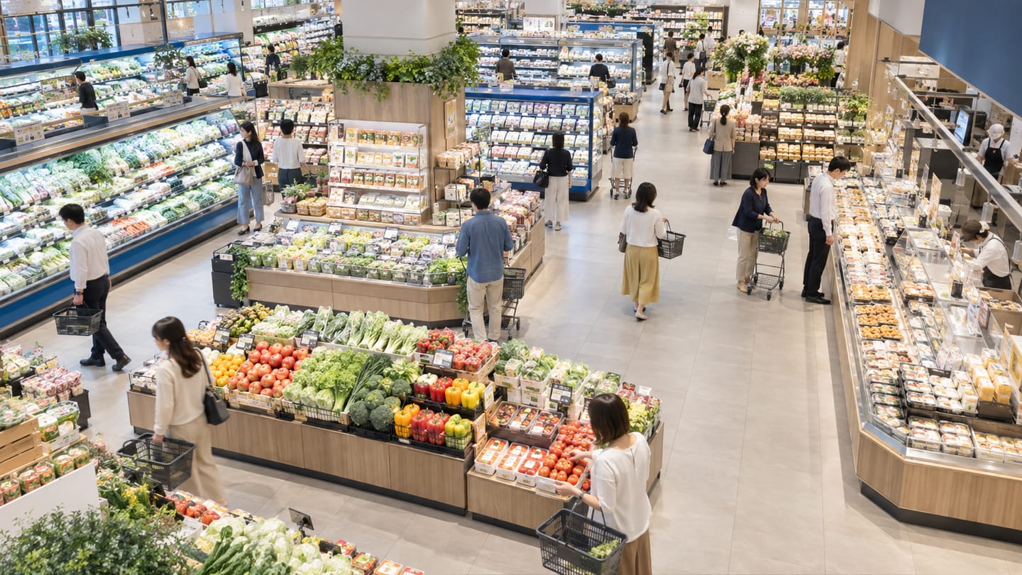 Elevated view of shoppers moving through a modern supermarket aisle layout
