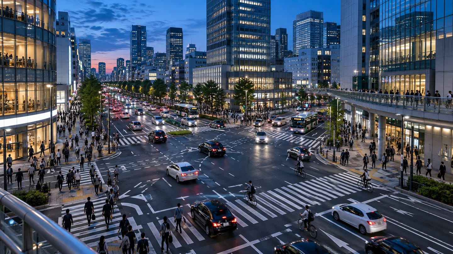 High-angle view of vehicles, cyclists and pedestrians at an urban intersection