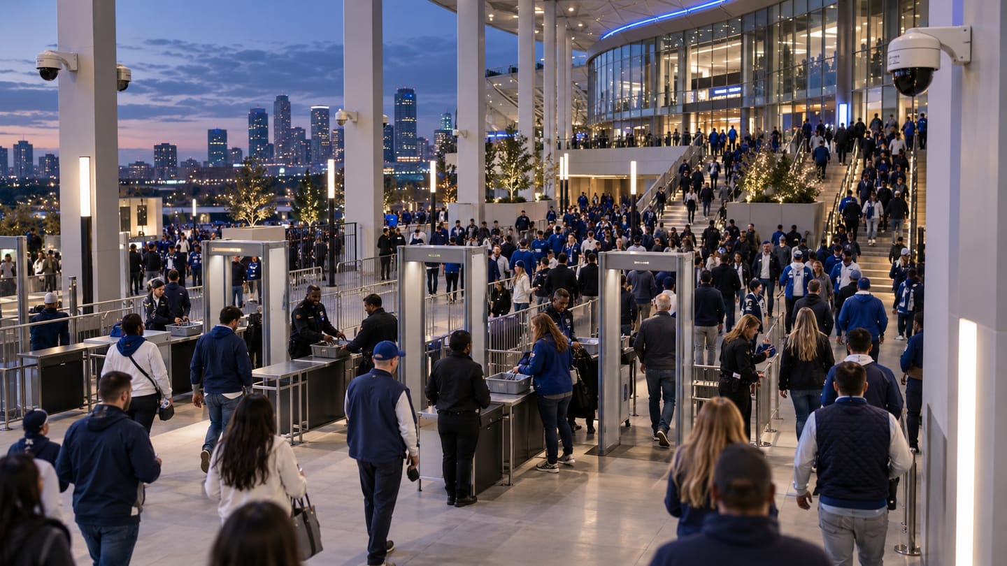 Spectators moving through monitored stadium entrance and security lanes