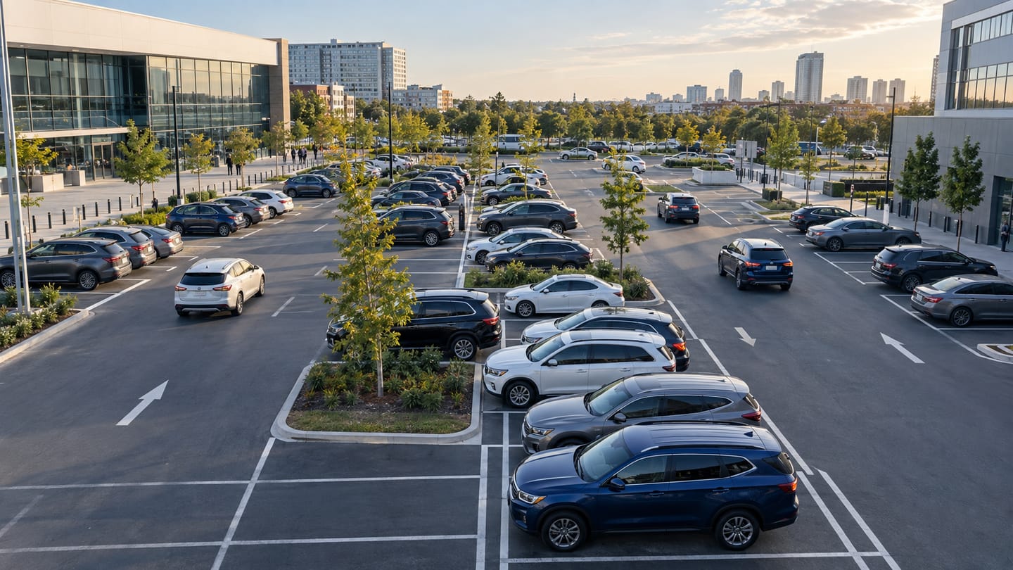 Elevated view of vehicles moving through a modern multi-bay parking facility