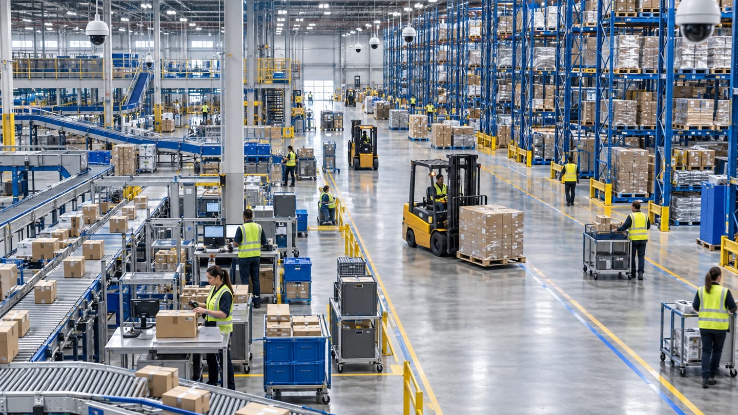 Wide view of workers, forklifts, conveyors and cameras in a distribution centre